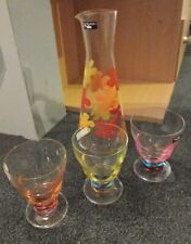 Leonardo Glaskaraffe Karaffe Kanne mit 3 Gläsern, dezent bunt,  90'er Jahre