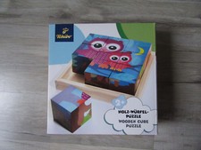 Tschibo Holzpuzzle, Holzwürfel Puzzle, 6 Motive, erstes Puzzlen, Eule, Igel....