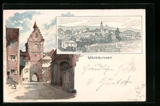 Künstler-AK K. Mutter: Überlingen / Bodensee, Ortspartie mit Tor, Totalansicht 