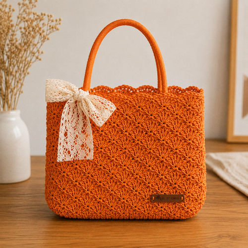 Handmade orange raffia crochet - raffia,