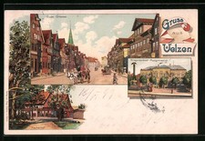 Lithographie Uelzen, Gude-Strasse, Fischerhof, Kriegerdenkmal und Realgymnasium 