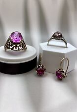 Antik Schmuck Set Russisch 875 Silber Rosa Steine (Rubin/Saphir?) Ring Ohrringe 