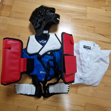 KWON Taekwondo Set: Schutzweste/Panzer, Kopfschutz, Helm, Fußschutz, Tobok