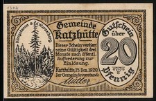 Notgeld Katzhütte, 1920, 20 Pfennig, Gemeinde Katzhütte Gutschein mit Waldmotiv 