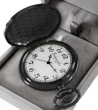 Eichmüller Taschenuhr Schwarz 45 mm Savonnette Quarz mit Kette und Box 3 Zeiger