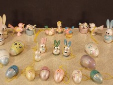 24 alte massiv Holz Oster Eier Hasen Perlmutt/Pastell Erzgebirge Strauß Anhänger