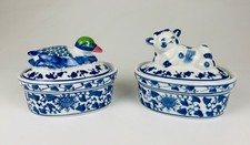 2 vintage Keramik-Pastetenformen mit Deckeln in Form einer Ente und eines Kalbes