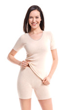 Medima Wolle/Angora Kurzarm Strick Oberteil, L, Beige, NEU