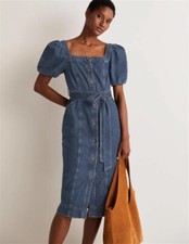 Boden - Square Neck Denim Dress - Kleid Mit Gürtel Taschen NEU - UK 8 P EU 36
