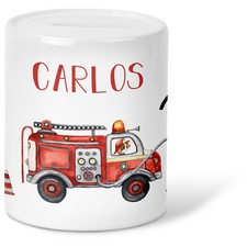 Bedruckte Spardose für Kinder - im Feuerwehr Design - mit Namen personalisiert