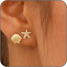 Ohrstecker Gold für Damen – 2 Paar 14K vergoldete Muschel Seestern Ohrringe, Som