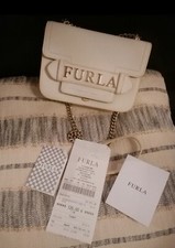 Furla Crossbody Bag Chain Carole Mini cremeweiss silber mit Rechnung Echtleder 