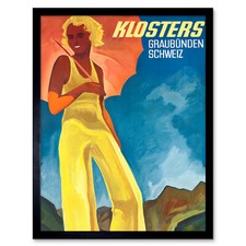 Klosters Schweiz Frau Sonnenschirm Reise Vintage Werbung Kunstdruck gerahmt 12x16