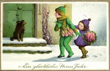 (73638) NEUJAHR - bellender Hund vor der Tür 1929