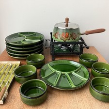 Fondue Emaille Teller Schalen Gabeln komplettes Set original 60er 70er vintage