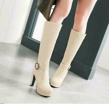 Damen Blockabsatz Plateau Highheels Reißverschluss Schnalle Kniehoch Stiefel