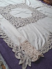 Neu!Wunderschöne Tischdecke Spitze bestickt 100%BW Ecru Handarb.NP:19,99 100x100