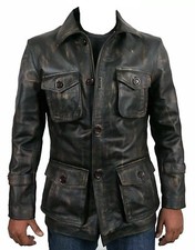 Herren Vintage Distressed Schwarz Leder Biker Jacke Echtleder Geknöpft Jacke