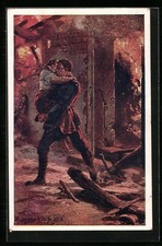 AK Rotes Kreuz Nr. 553, Infanterist Georg Caspar rettet eine Frau aus einem bre 