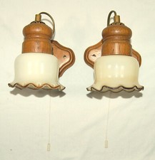 1 Paar = 2 Stück - Wandlampe Holz Eiche Opalglas Zugschalter 60er 70er Jahre E27