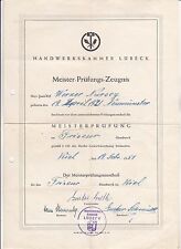 Meister-Prüfungs-Zeugnis Handwerkskammer Lübeck Friseur Meisterbrief 1951 rar
