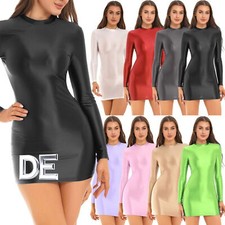 Damen Nylon Kleid Öl Glanz Minikleid Bodycon Figurbetond Langarm Party Clubwear