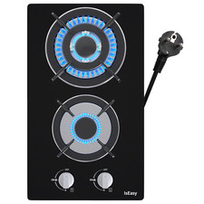 Gaskochfeld 30 cm 2 flammig Glaskeramik Gas Herdplatte Einbau Kochfeld schwarz #