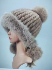 Damen Echte gestrickte Nerz Pelz Mütze mit Fuchsfell 54-58 Groß Hellbraun..