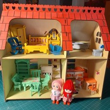 Puppenhaus, Komplett,32x20x30cm,4Zimmer, 2Etagen, Holz, Neu, Möbel, 2Puppen