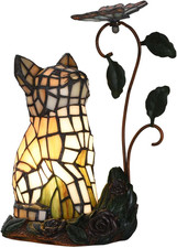 Tischlampe Tiffany-Stil Katzenmotiv Buntglas orangefarbene Katze Schmetterling