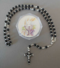 Rosenkranz schwarze Holzperle + Schatulle Kelch Erstkommunion Verarbeitung So33