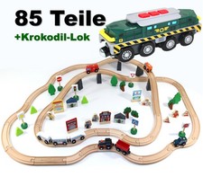 Holz Eisenbahn Set Kinder Zug Lok Schienen Zubehör +elektrische Gelenklok groß