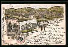 Lithographie Furtwangen, Uhrmacherschule, Kriegerdenkmal, Gesamtansicht mit Umg 