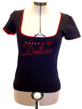 Strass Pussy Deluxe Shirt schwarz rot tolle Details 36 S 38 M 40 L Ü555