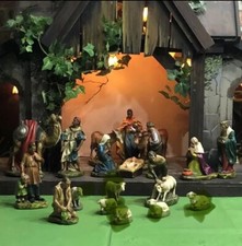 Alte Krippenfigur, PGk, Familie, Könige, 3Hirte, Ochse+Esel, Kamel,ca.18cm, Gips