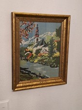 Stickbild Gobelin mit Echtholzrahmen Goldfarbenen Holzrahmen 