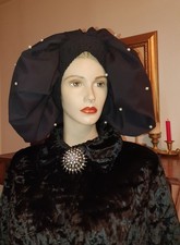 Schwarze Haube m. weißen Perlen Mittelalter Unikat Kopfbedeckung Theater Film TV