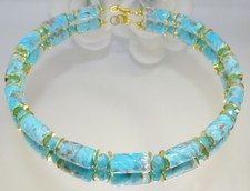 Halskette Perlen Glas Lampwork Murano Art  türkisblau aqua gold  202n