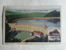 Edertalsperre ( Sperrmauer) mit See und Schloß Waldeck, Hotel Kurhaus Höhle 1925
