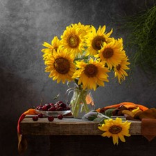 Wandbild: Ein Strauß Sonnenblumen und Kirschen in einem Teller auf einem [...]