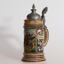 Alter antiker Radfahrer Bierkrug Zinndeckel 0,5L Jugendstil Marzi Remy Modell 96