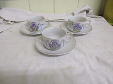3 alte Kaffeetasse mit Unterteller mit lila Rosenmuster