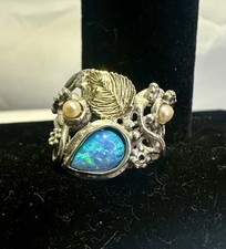 Kunsthandwerk Sterlingsilber 14k vergoldet blauer Opal Perle Blatt Ring; Größe 7,25