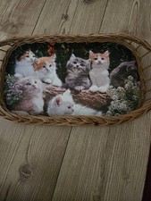Tablett aus Weide mit Holzboden Katzen Motiv