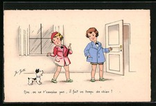 Künstler-AK sign. Jo Zette: Kinder gehen mit ihrem Hund Gassi 