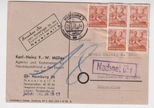 Kontrollrat, Zehnfachfrankatur auf Postkarte Hamburg - Kaufbeuren, Nachporto