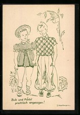 Künstler-AK Düsseldorf, Reklame des Modekarten Merkur-Verlag, Junge im Bubenjan 