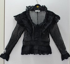 Netz Shirt S Bluse FLAMANT ROSE Spitze Volants Lochmuster transparent Oberteil