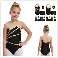 DE Mädchen Turnanzug Ärmellose Gymnastikanzug Gymnastikbody +Haarband +Shorts 