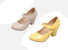 Mary Jane High Heels Pumps Blockabsatz Klettverschluss Rockabilly Lack Schuhe